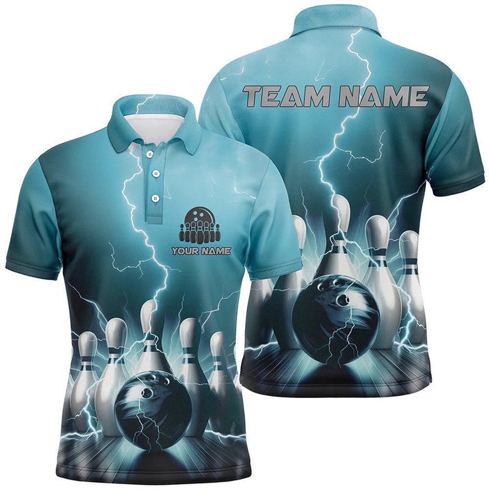 Blue Thunder Lightning Men Polo Bowling Shirts Strike Bowling Team Polo Shirt Outfits, Personalized Bowling Team Shirt