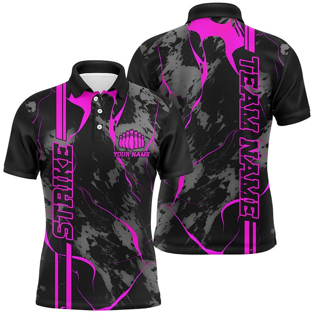 Custom Pink Strike Bowling Shirts Men Polo Pink Camo Bowling Team Polo Shirt Bowling League, Personalized Bowling Team Shirt