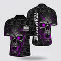 Bowling Polo Shirt, Custom Purple Skull Bowling Polo Shirts For Men, Bowling Pattern Bowling Team Jerseys