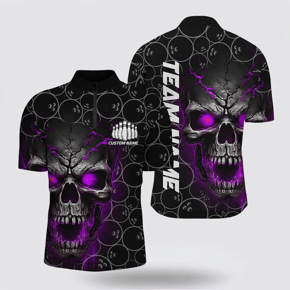 Bowling Polo Shirt, Custom Purple Skull Bowling Polo Shirts For Men, Bowling Pattern Bowling Team Jerseys
