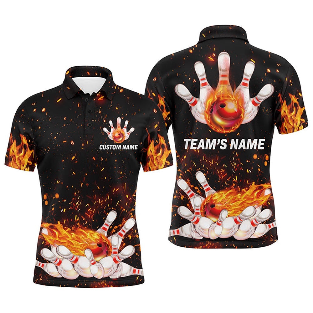 Flame Men Polo Bowling Shirt, Team Bowlers Polo Shirt Short Sleeves, Personalized Bowling Team Shirt
