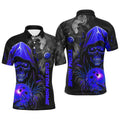 Blue Skull Men's Bowling Team Polo Shirt Smoke Bowling Polo Shirts For Bowlers, Personalized Bowling Team Shirt