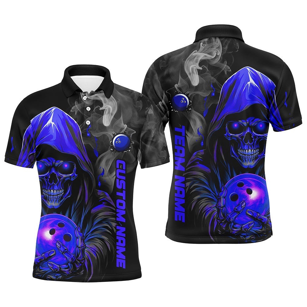 Blue Skull Men's Bowling Team Polo Shirt Smoke Bowling Polo Shirts For Bowlers, Personalized Bowling Team Shirt