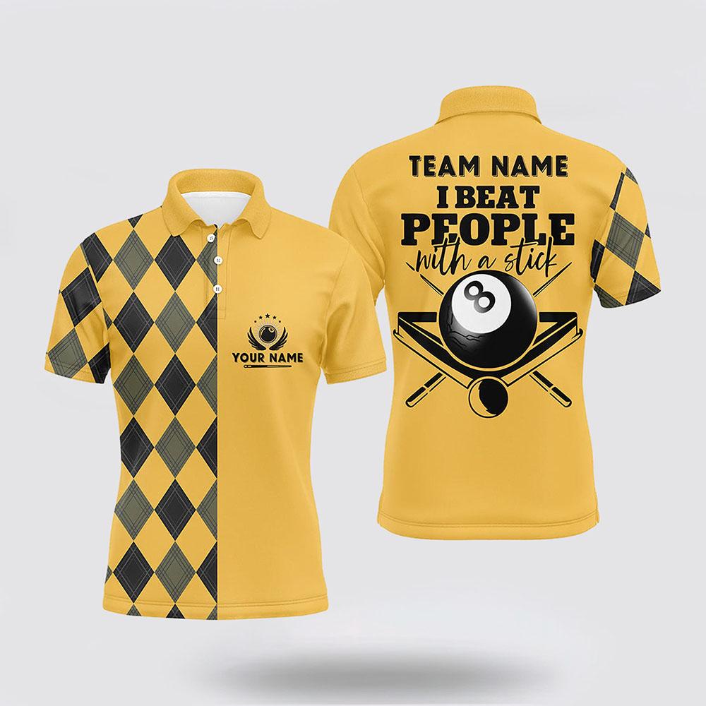 Billiard Polo Shirts, Billiard Yellow Black Argyle Pattern I Beat People With A Stick 3D Billiard Men Polo Shirts, Billiard Shirt Designs