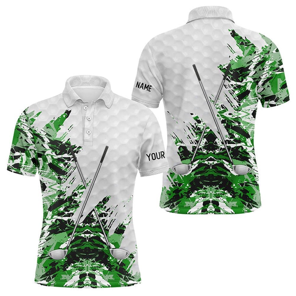 Green Camo Pattern Custom Name White Men's Team Golf Tops For Men, Golf Polo Shirt, Golf Shirts