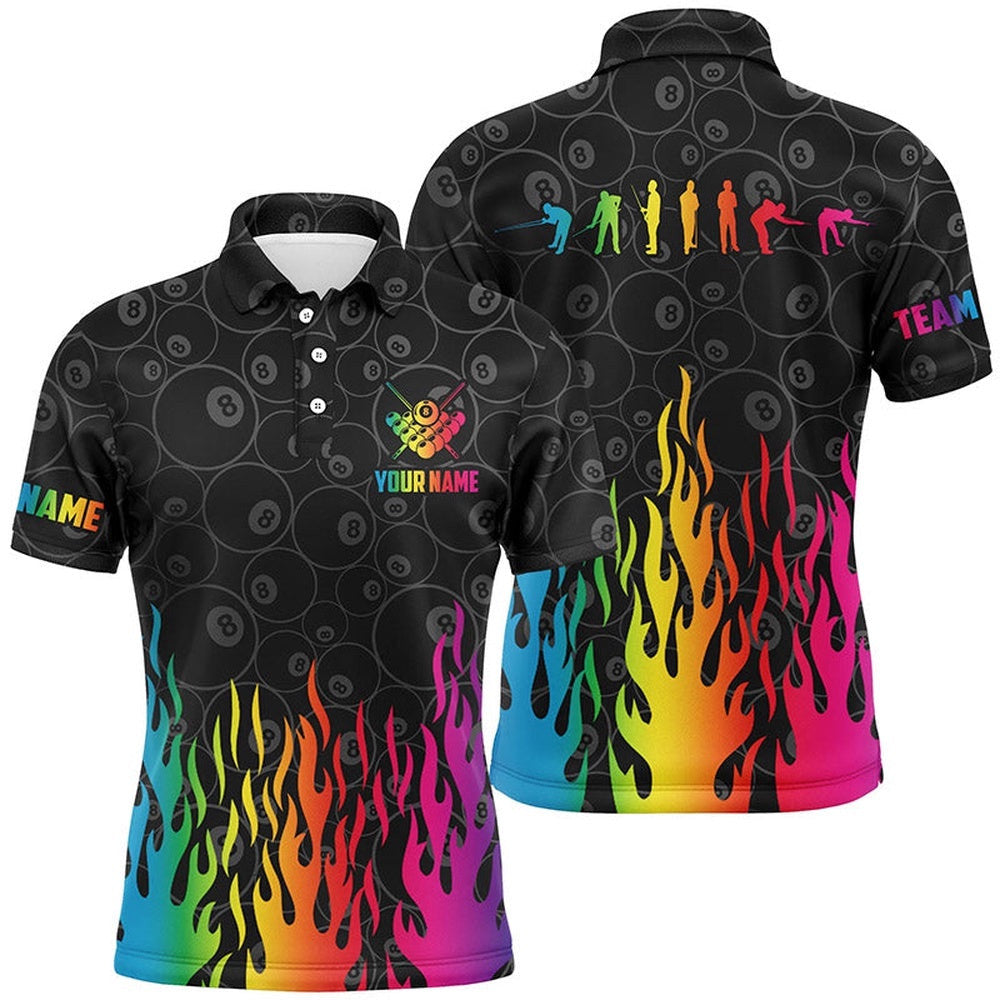 Billiard Rainbow Fire Snooker Player Silhouettes Custom 3D Polo Shirts, Pool Player Shirts, Personalized Billiard Polo Shirt