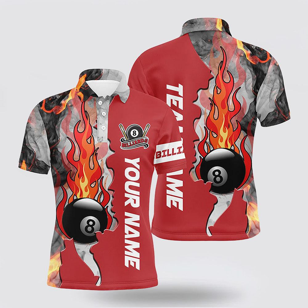 Billiard Polo Shirts, 8 Ball Fire Smoke Billiard Men's Shirts Red Version Pool Team Polo Shirts, Billiard Shirt Designs