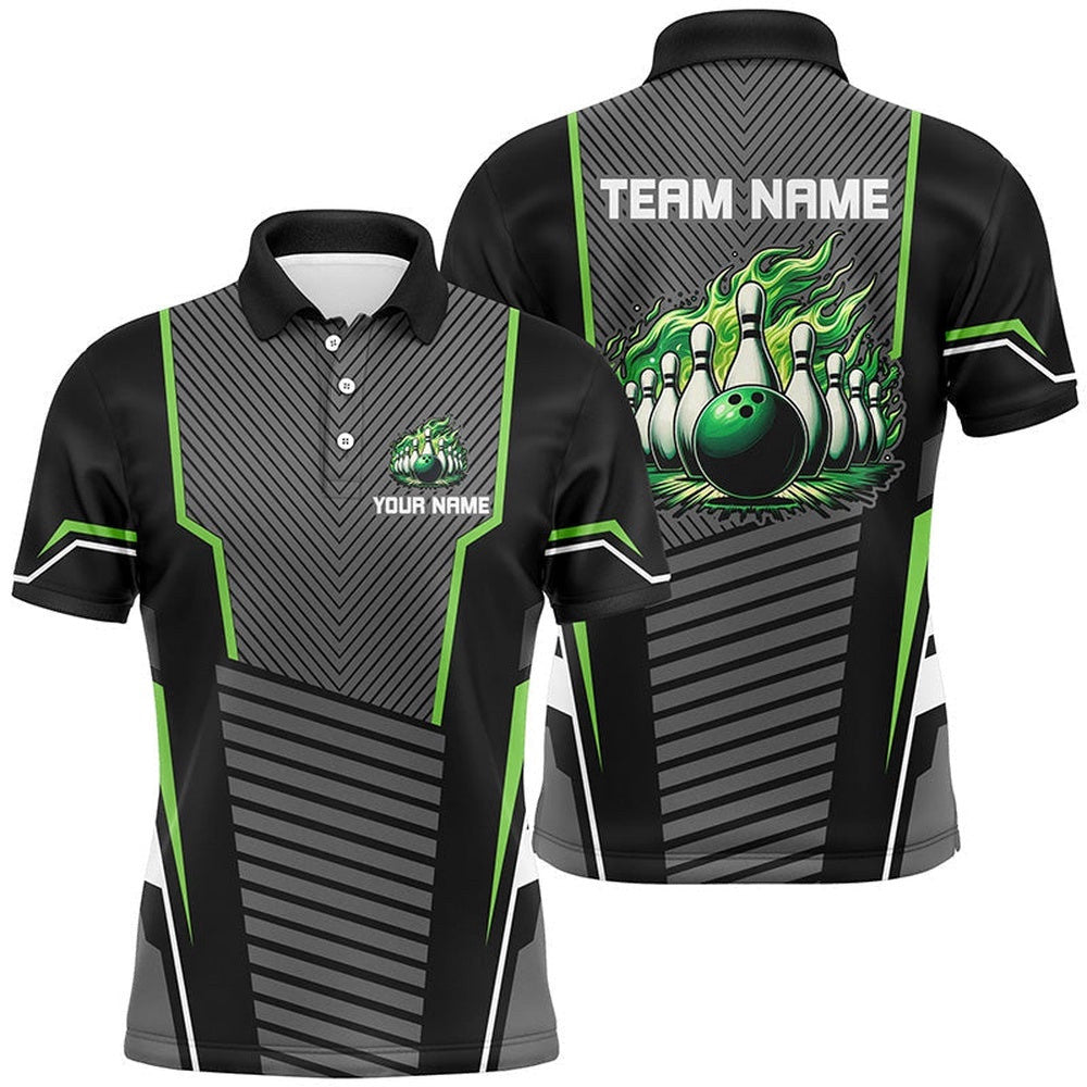 Green Flame Bowling Polo, Zip Shirt For Men Custom Black Bowling Team Polo Shirt Gift For Bowlers, Personalized Bowling Team Shirt