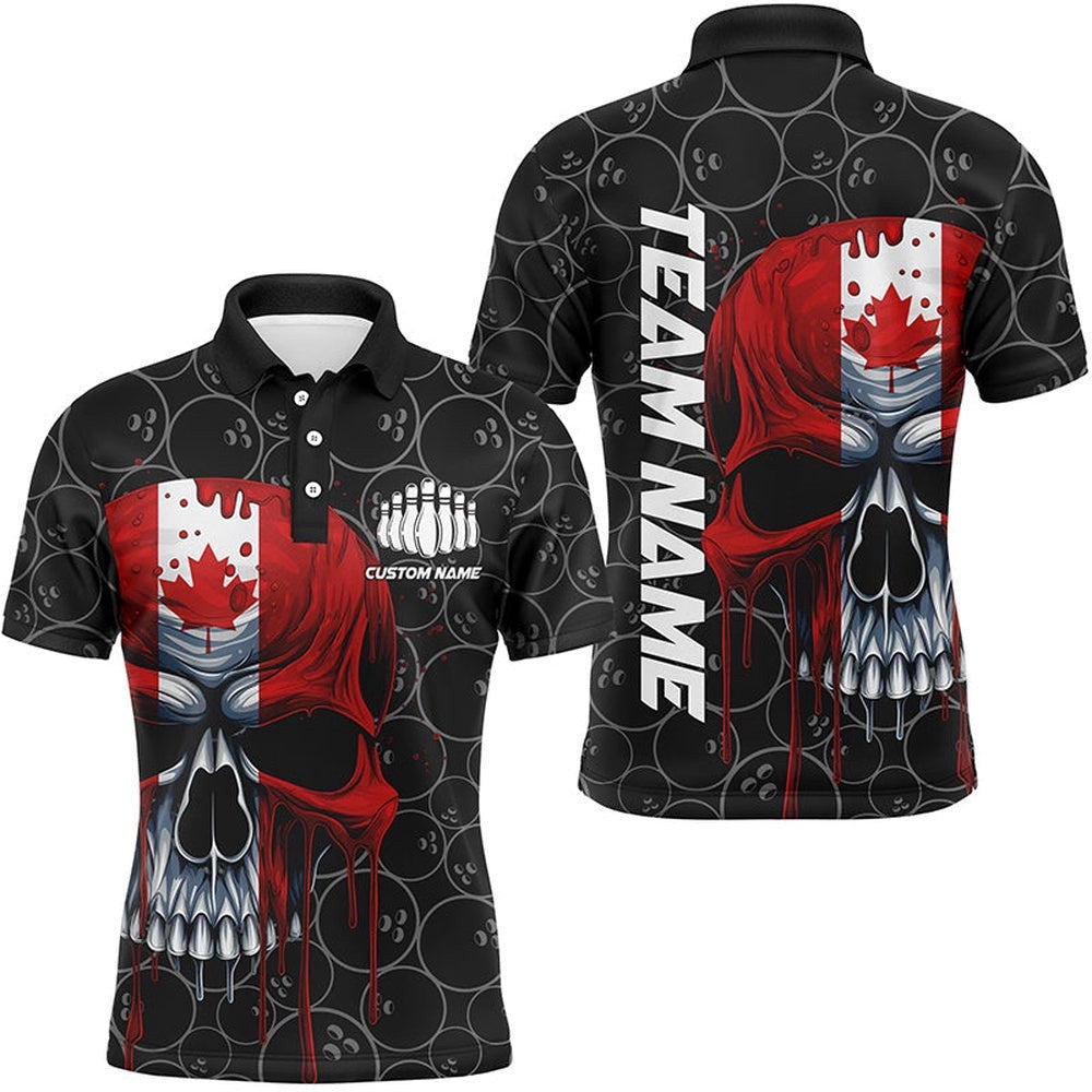 Canadian Flag Skull Bowling Team Polo Shirts, Canada Men's Bowling Polo Shirt, Bowling League Shirts, Personalized Bowling Team Shirt