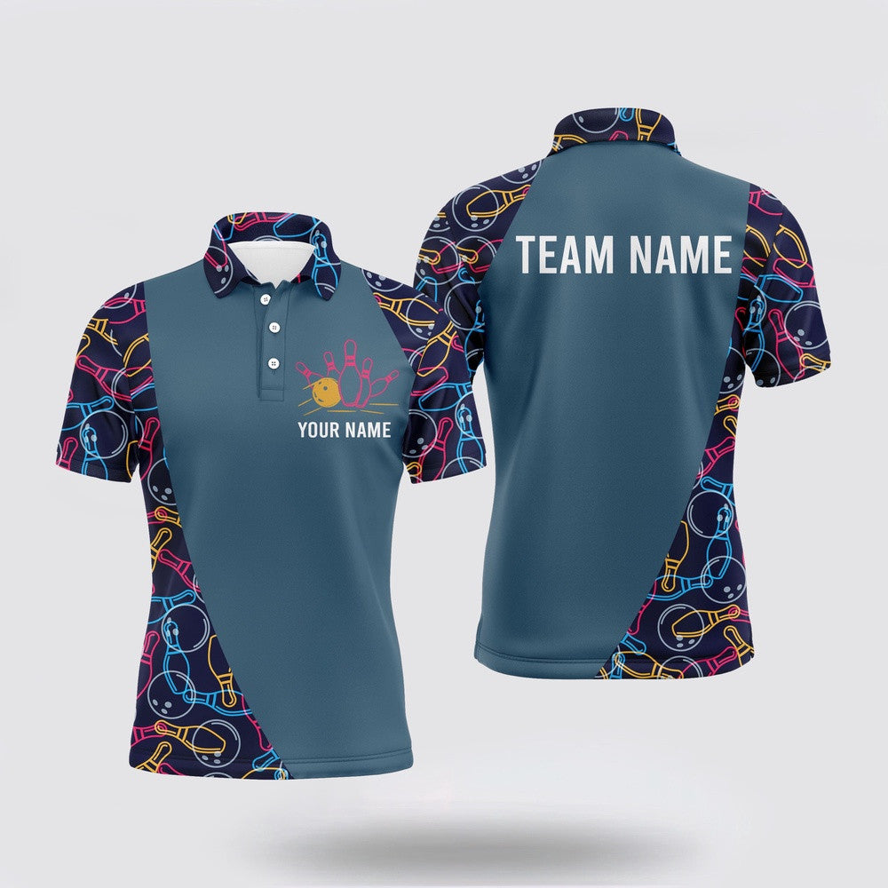 Bowling Polo Shirt, Personalized Men Bowling Polo Shirt, Bowling Balls Pins Pattern Bowlers Team Jerse