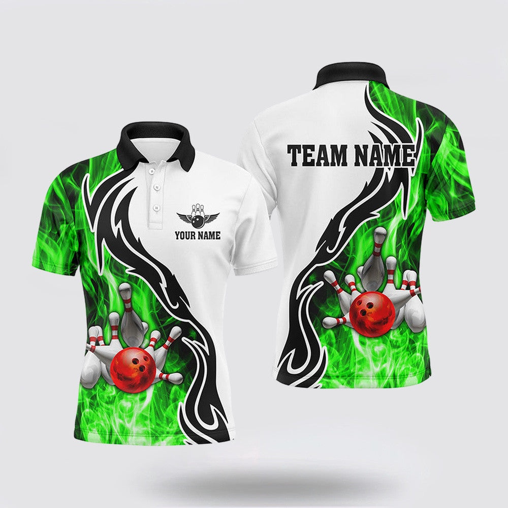Bowling Polo Shirt, Mens Polo Bowling Shirt Custom Bowling Ball Pins Strike Team League Jersey, Bowl Gifts Green