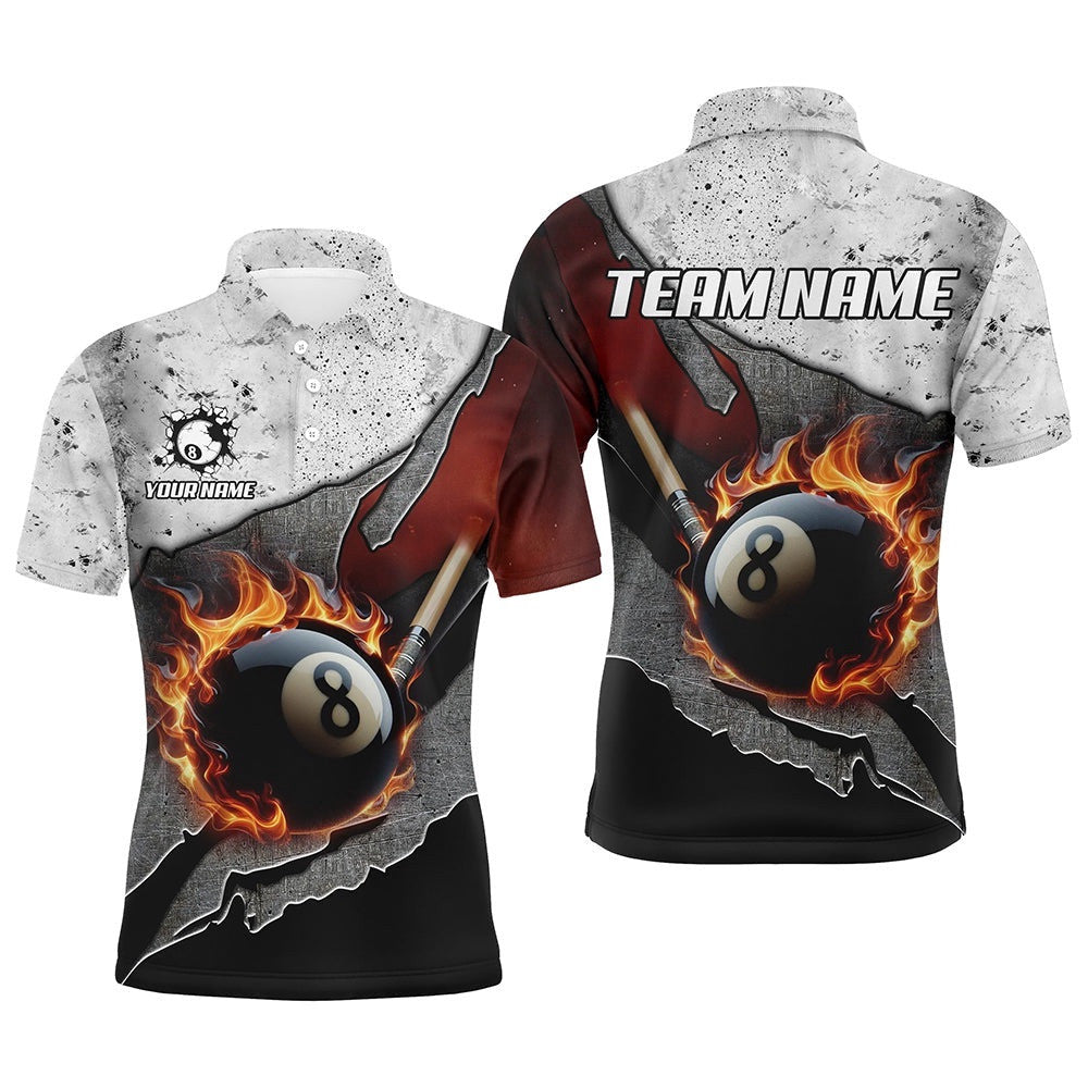Grey Grunge Fire 8 Ball Pool Cue Billiard Shirts Custom Pool Player Shirts, Personalized Billiard Polo Shirt