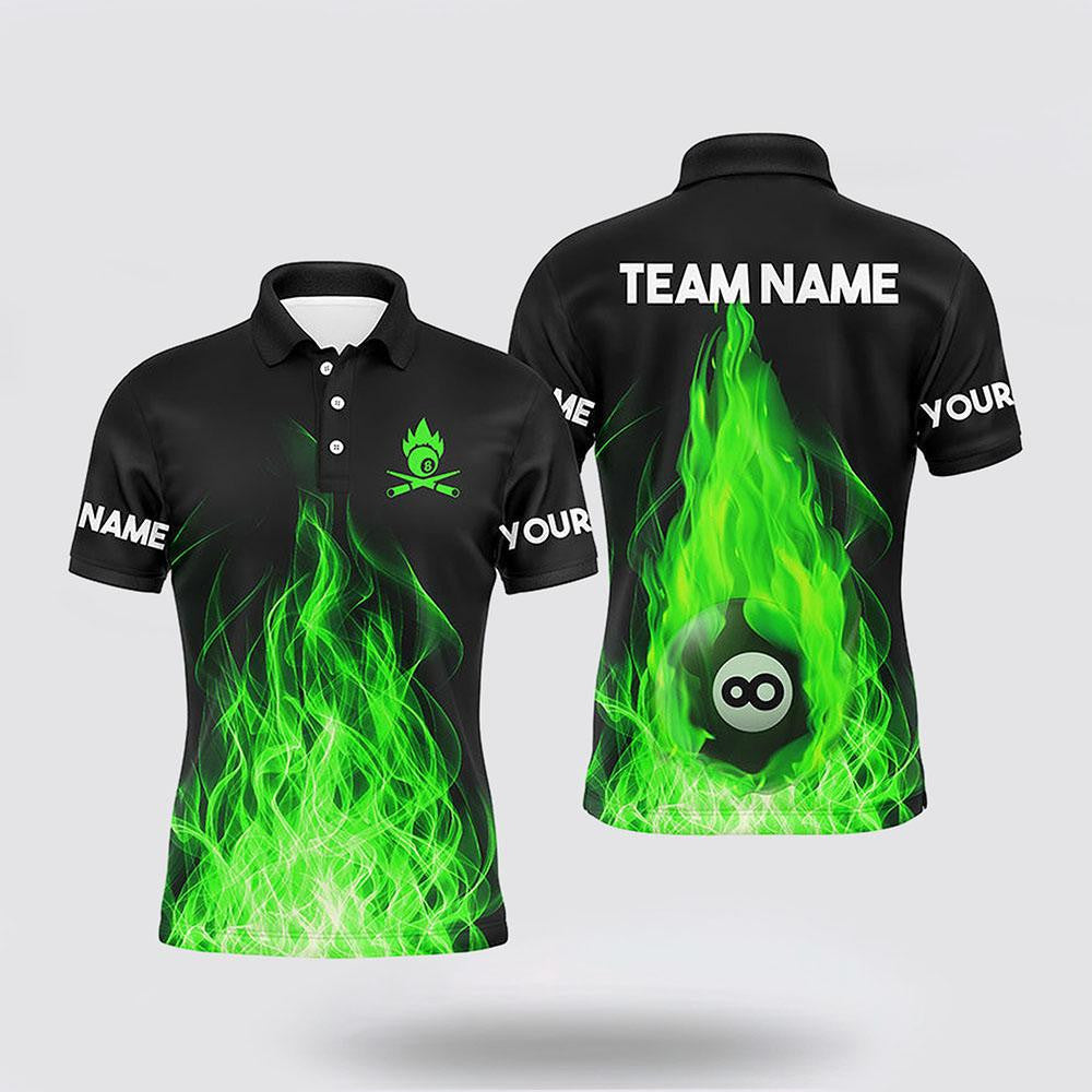 Billiard Polo Shirts, Green Flaming Billiard 3D Polo Shirts, Billiard Shirt Designs