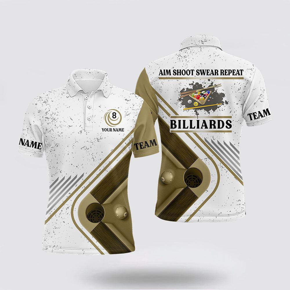 Billiard Polo Shirts, Billiard Aim Shoot Swear Repeat Billiard White Grunge Polo Shirts, Billiard Shirt Designs