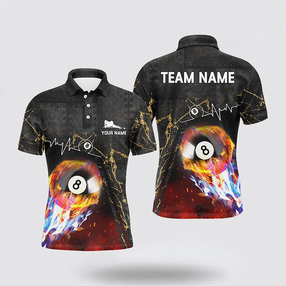 Billiard Polo Shirts, 8 Ball On Blue And Red Fire With Heart Beat Pattern Billiard 3D Polo Shirts, Billiard Shirt Designs