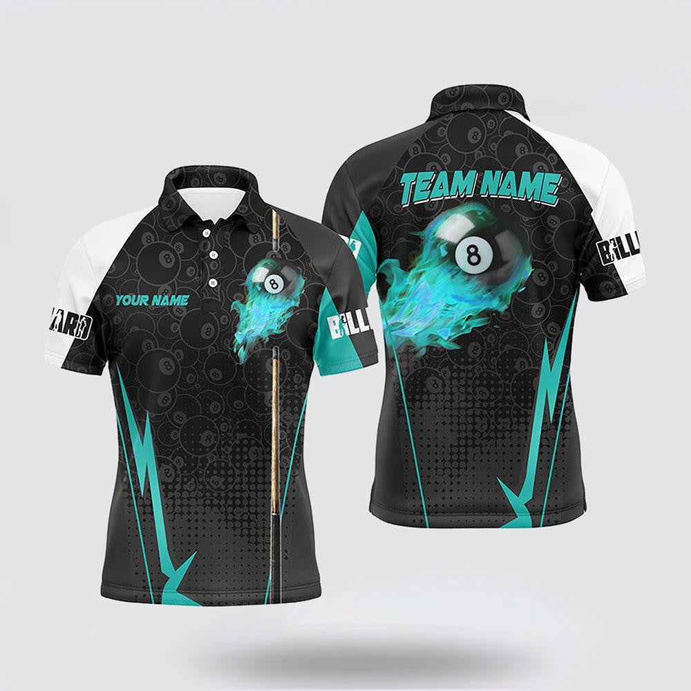 Billiard Polo Shirts, 8 Ball Fire Billiards Blue 3D Polo Shirts 8 Ball Pattern Billiards Jerseys, Billiard Shirt Designs