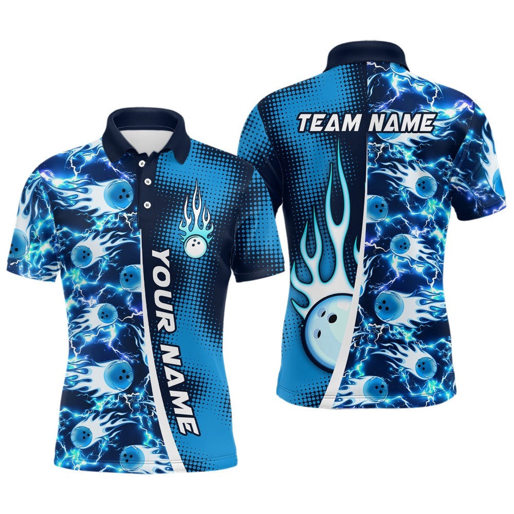 Bowling Shirt For Mens Custom Name Bowling Flame Lightning Team Polo Shirt Shirt, Personalized Bowling Team Shirt