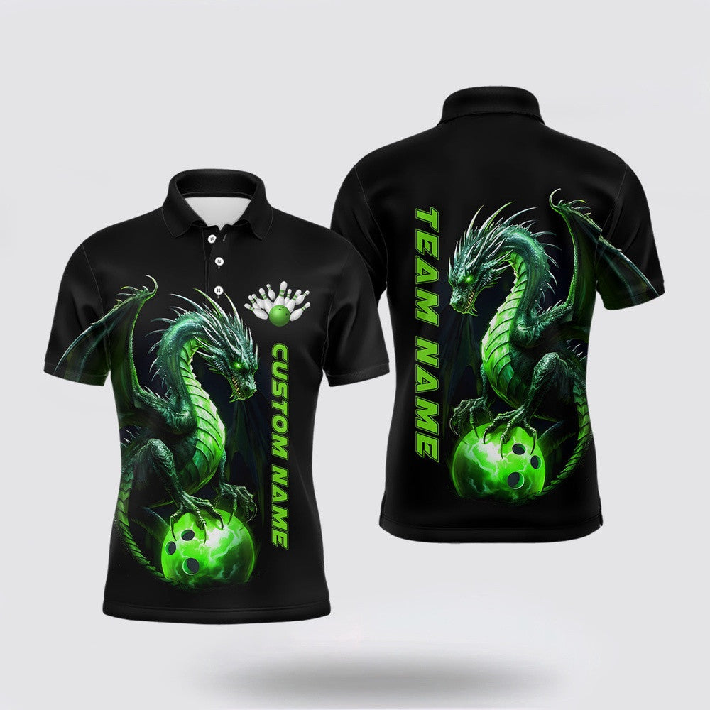 Bowling Polo Shirt, Personalized Green Dragon Bowling Team Jerseys Men Polo Shirts Bowling League Shirt