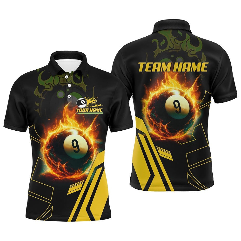 Billiard Flaming 9 Ball Pool 3D Printed Polo Shirts, Best Custom Pool Team Polo Shirts, Personalized Billiard Polo Shirt