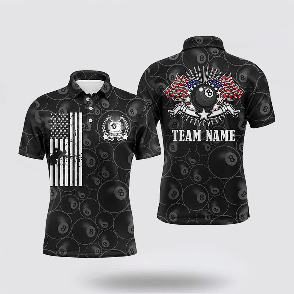 Billiard Polo Shirts, 8 Ball Billiards Pattern American Flag Patriotic Shirts, Billiard Shirt Designs