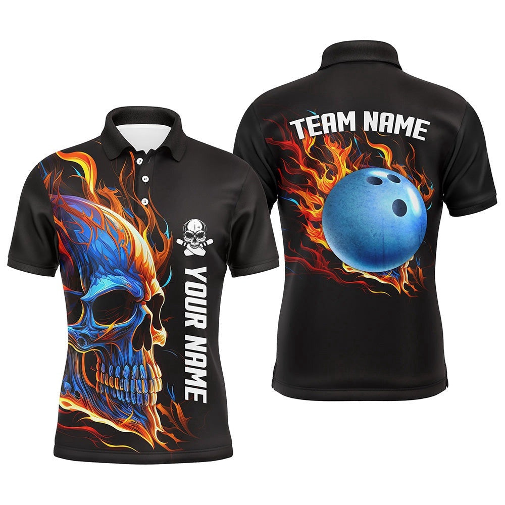 Bowling Skull On Fire Bowling Polo Shirts For Men Custom Team Skull Bowling Polo Shirt, Personalized Bowling Team Shirt