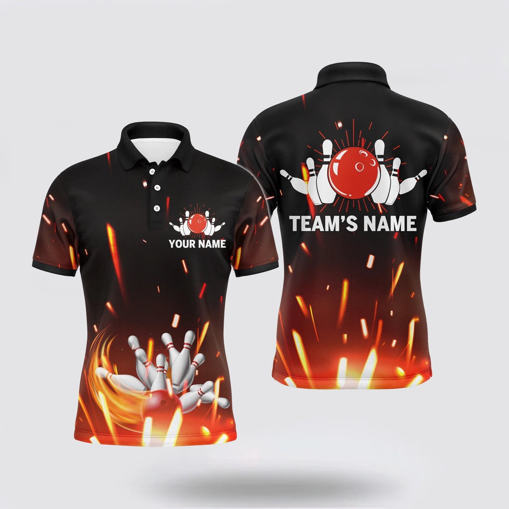 Bowling Polo Shirt, Personalized Men Bowling Polo Shirt Flame Bowling Ball And Pins Short Sleeve Polo For Men Bowler