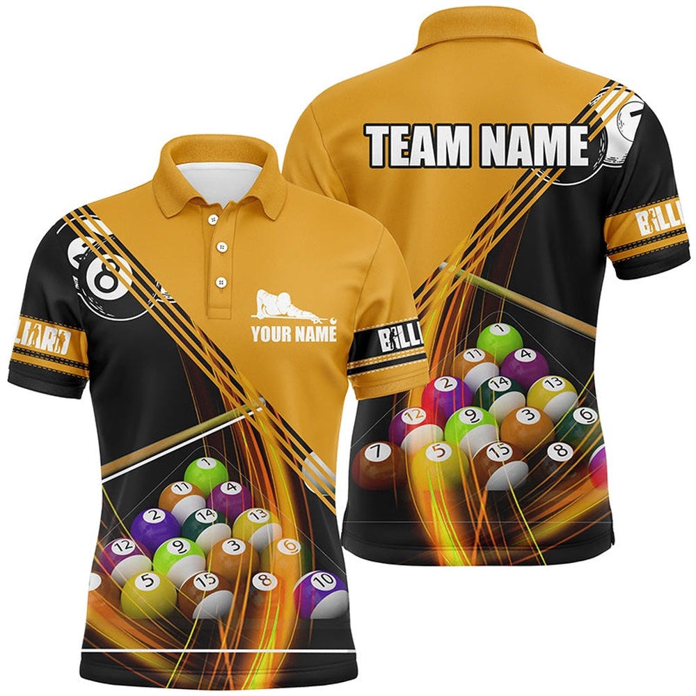Billiard Balls Yellow 3D Polo Shirts, Custom Player Billiards Pool Polo, Personalized Billiard Polo Shirt