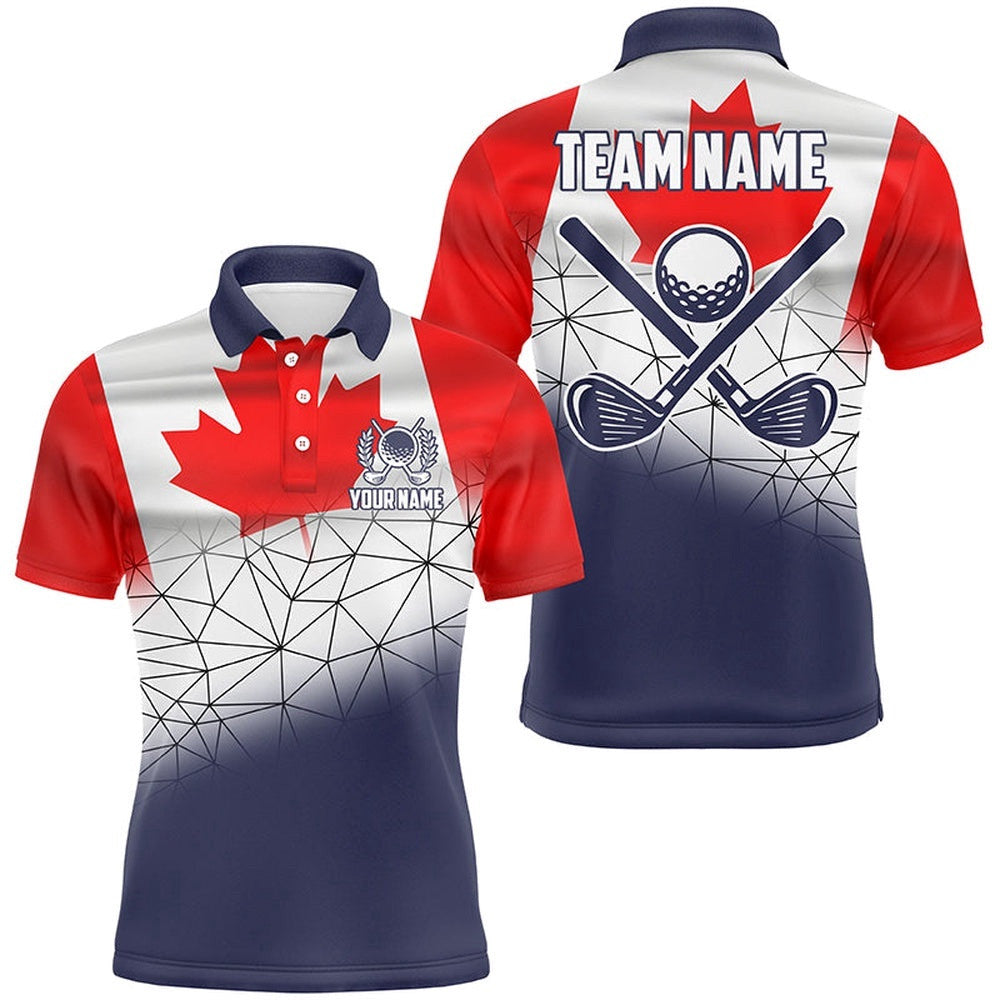 Canadian Flag Golf Clubs Navy Geometric Pattern Men Golf Polo Shirts Custom Patriotic Golf Outfits Men, Golf Polo Shirt, Golf Shirts