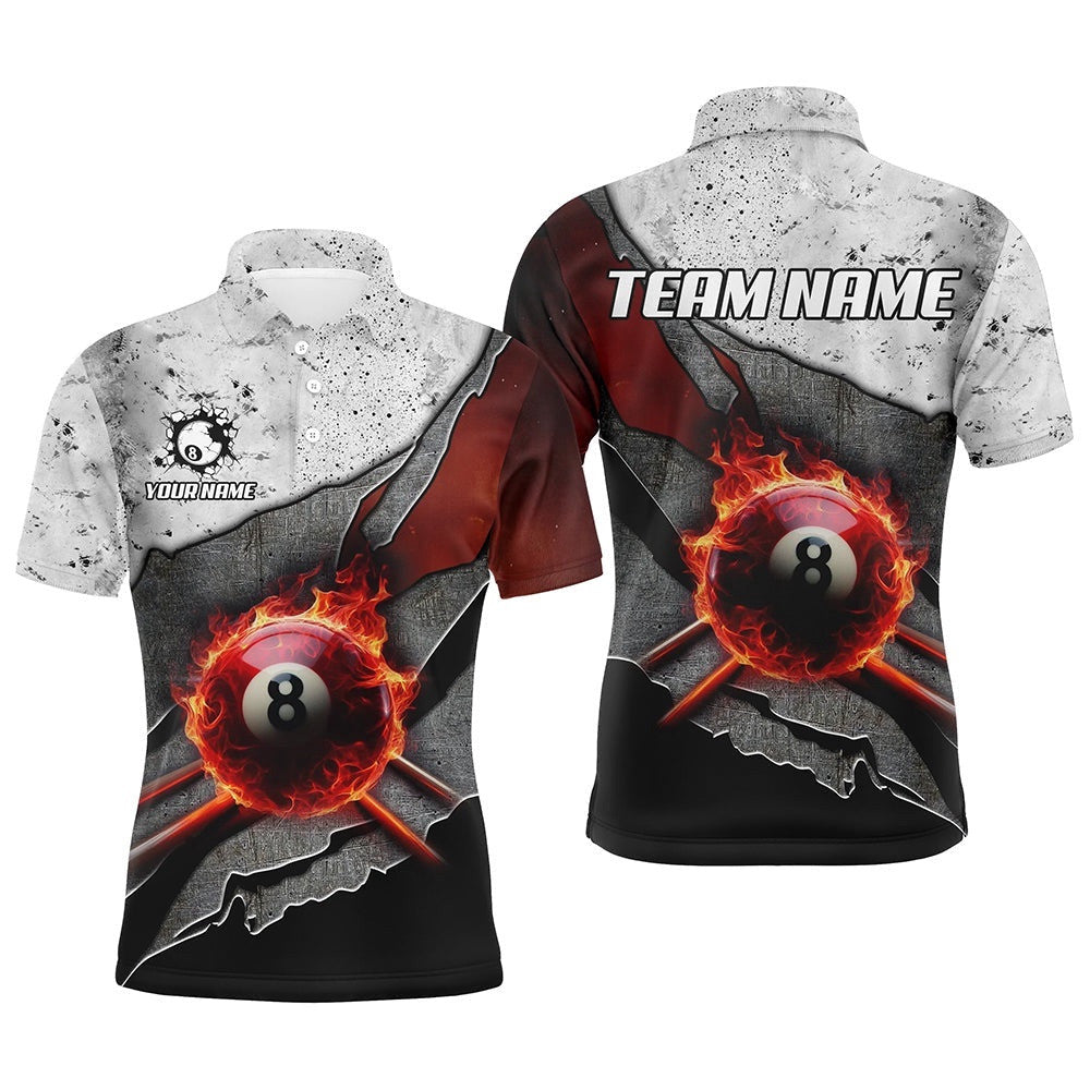 Grey Grunge Fire 8 Ball Pool Cue Billiard Shirts Custom Billiard Polo For Pooler, Personalized Billiard Polo Shirt
