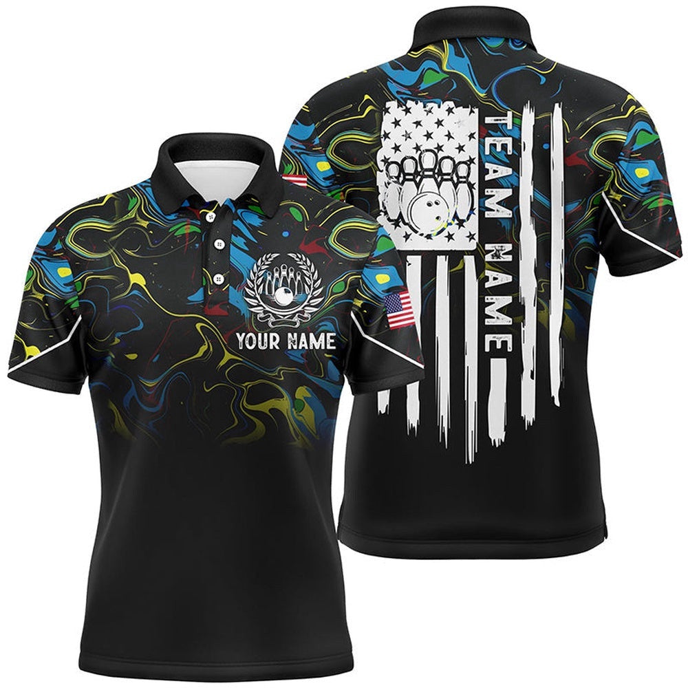 Colorful Camo Mens Polo Bowling Shirts Custom American Flag Patriotic Bowling Team League Polo Shirt, Personalized Bowling Team Shirt