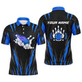 Bowling Polo Shirts For Men Custom Name Flame Bowling Ball And Pins Bowling Polo Shirt Blue, Personalized Bowling Team Shirt