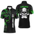 Bowling Polo Shirts For Men Custom Name And Team Name Skull Bowling, Team Bowling Shirts Green, Personalized Bowling Team Shirt