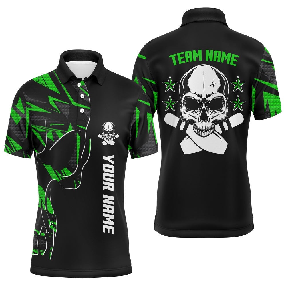 Bowling Polo Shirts For Men Custom Name And Team Name Skull Bowling, Team Bowling Shirts Green, Personalized Bowling Team Shirt