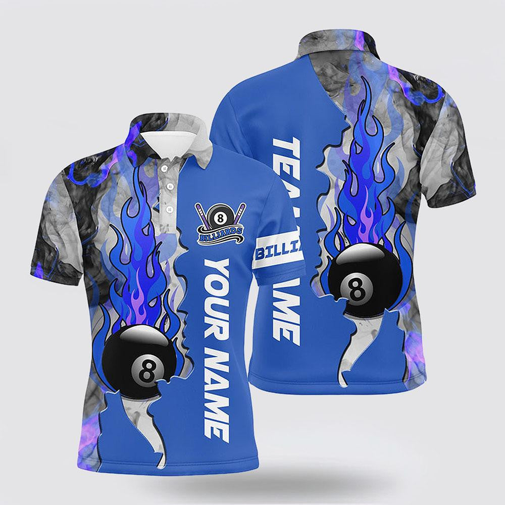 Billiard Polo Shirts, 8 Ball Fire Smoke Billiard Men's Shirts Blue Version Pool Team Polo Shirts, Billiard Shirt Designs