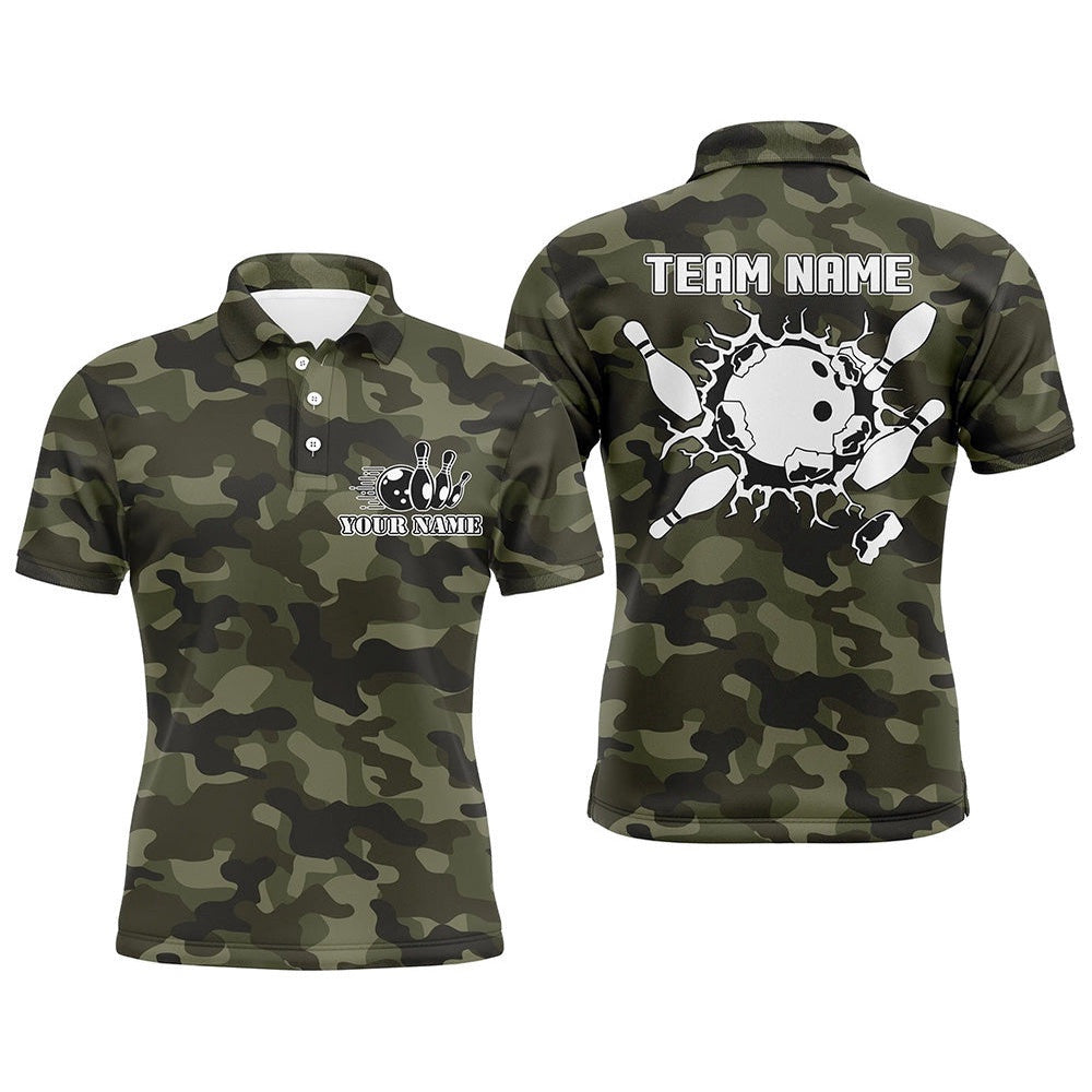 Bowling Polo Shirts For Men Custom Bowling Ball And Pins Green Camo Men's Bowling Team Polo Shirt, Personalized Bowling Team Shirt
