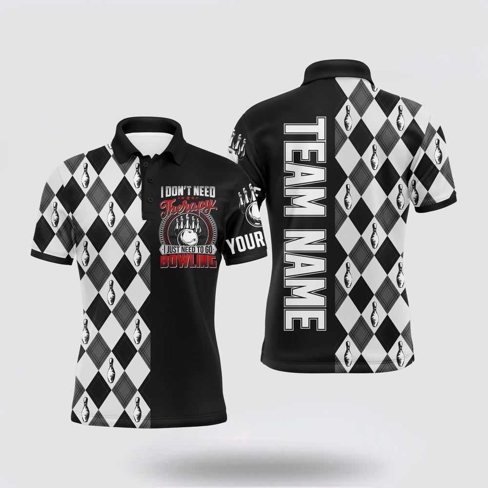 Bowling Polo Shirt, Personalized Bowling Men Polo Shirt Black & White Argyle Bowlers Custom Team Short Sleeves Jerse