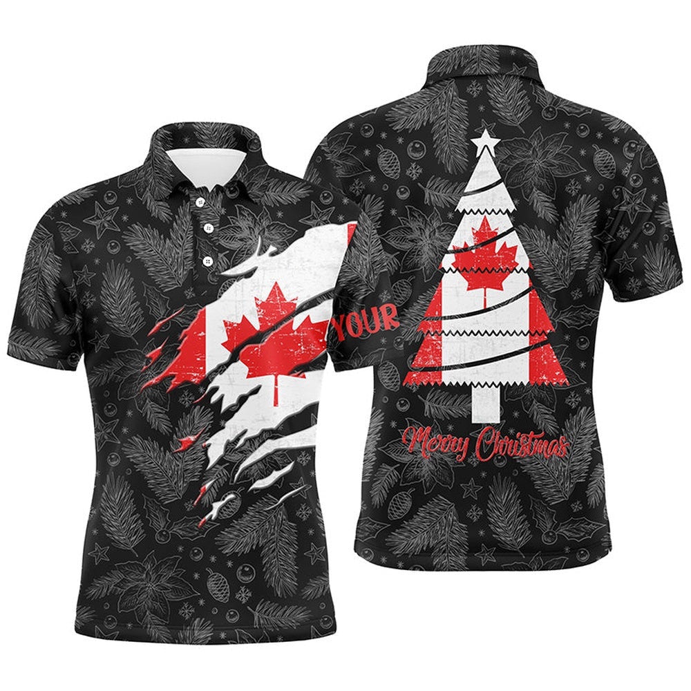 Canadian Flag Christmas Golf Men's Polo Shirt Custom Retro Patriotic Golf Shirts For Men Golf Gifts, Golf Polo Shirt, Golf Shirts