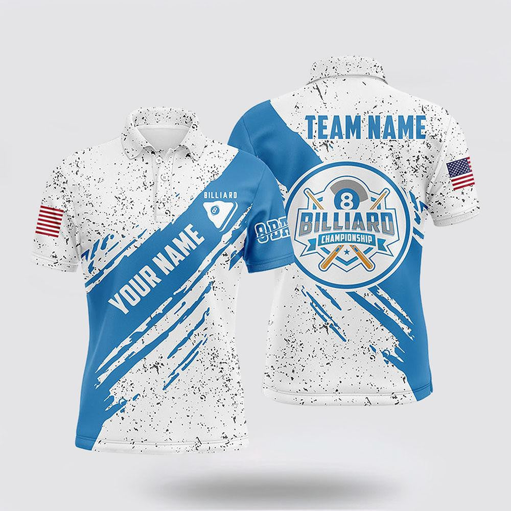 Billiard Polo Shirts, 8 Ball Pool Blue White Grunge Billiard Polo Shirts US Flag Billiard Jerseys, Billiard Shirt Designs