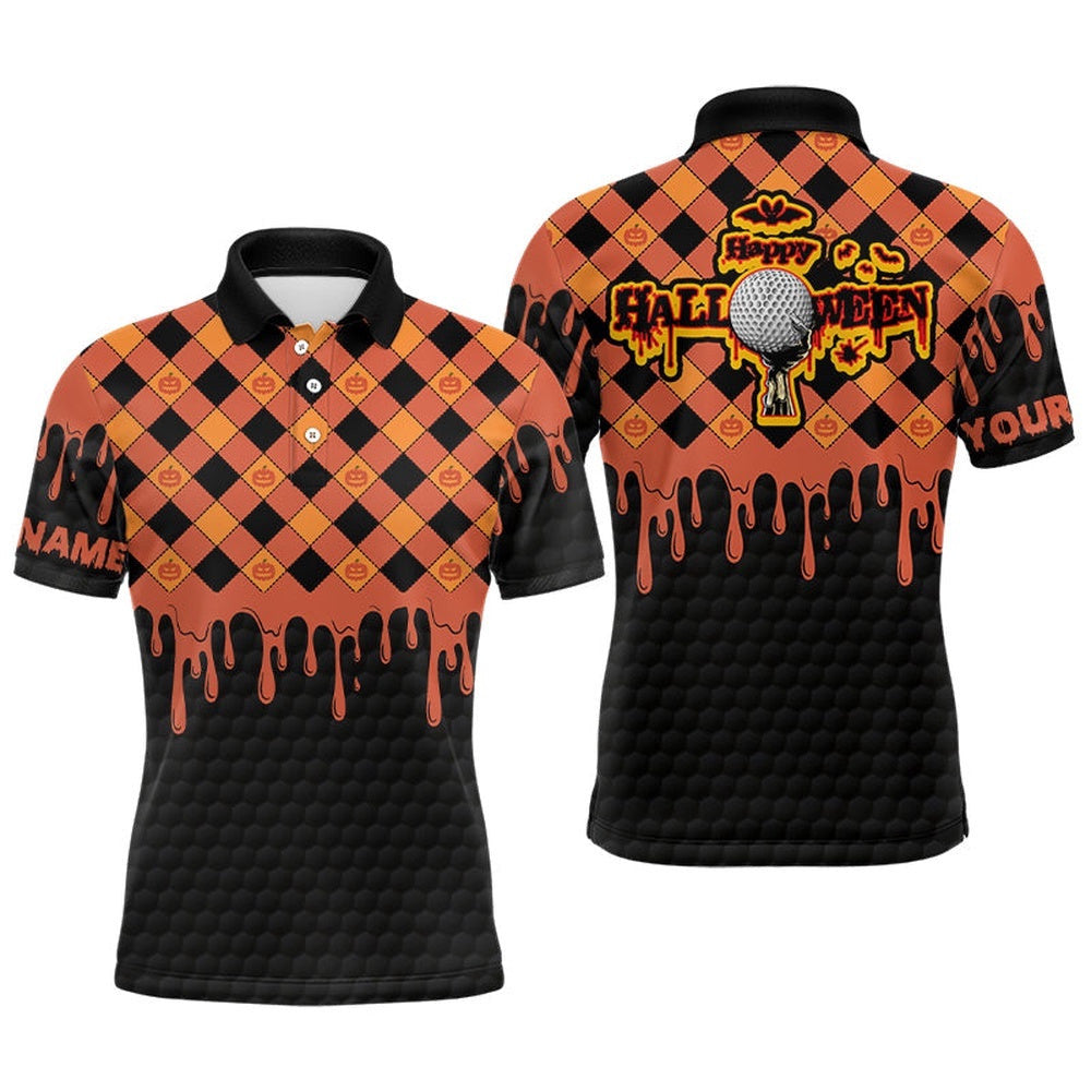 Happy Halloween Orange Pumpkin Men's Golf Polo Shirts Custom Skull Golf Shirts For Men Golf Gifts, Golf Polo Shirt, Golf Shirts