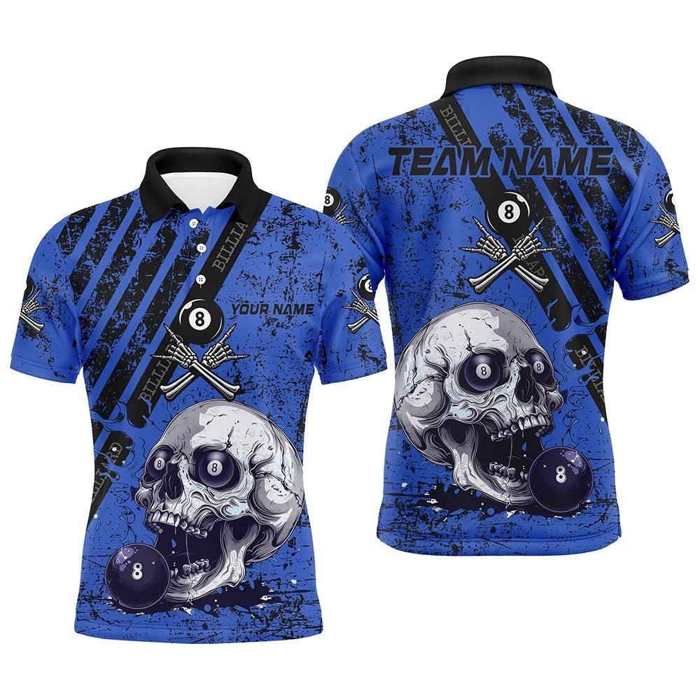 Grunge Blue Billiard Skull Custom Billiard Shirts, Billiard Pool Team Club Uniform, Personalized Billiard Polo Shirt
