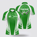 Bowling Polo Shirt, Mens Bowling Short Sleeve Polo Custom Bowling Ball And Pins Green And White Team Men Bowlers Jerseys