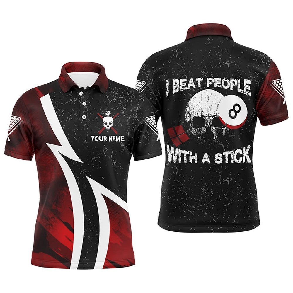 I Beat People With A Stick 8 Ball Skull Billiard Shirts, Personalized Billiard Polo Shirt