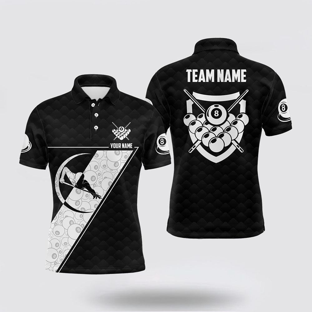 Billiard Polo Shirts, 8 Ball Pattern Billiard White Black Polo Shirts Pool Player Jerseys, Billiard Shirt Designs