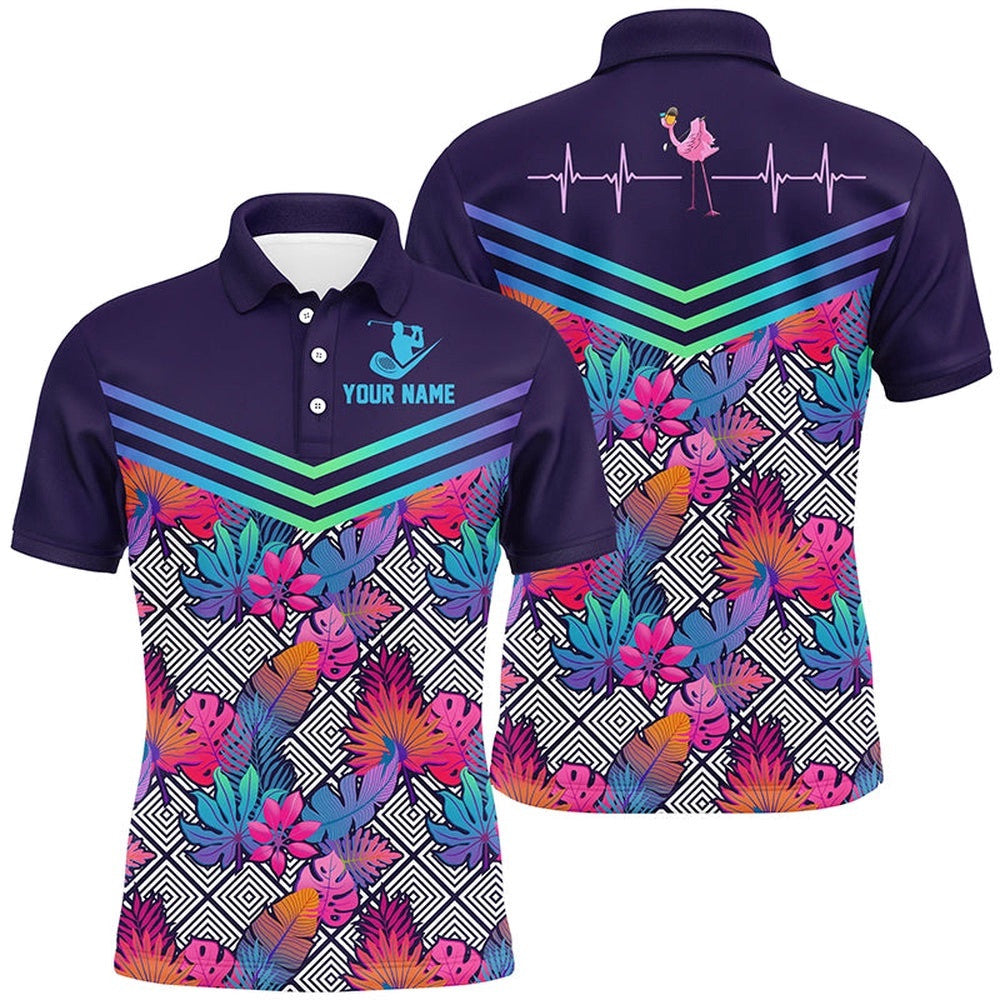 Heart Beat Flamingo Multicolor Tropical Men's Golf Polo Shirts Custom Golf Shirts For Men, Golf Polo Shirt, Golf Shirts