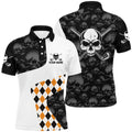 Halloween Orange Argyle Pattern Men's Golf Polo Shirt Skull Golf Shirts For Men Crazy Golf Gifts, Golf Polo Shirt, Golf Shirts