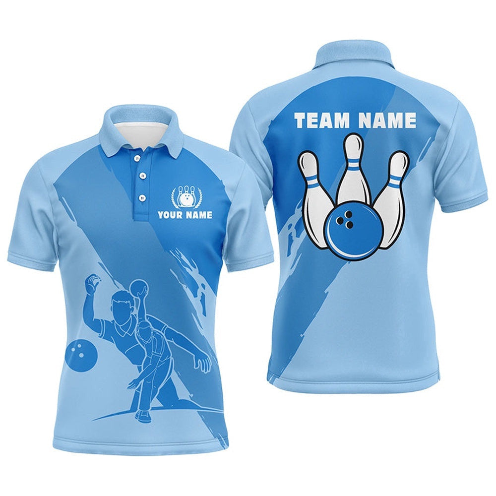 Bowling Polo Shirts For Men, Custom Blue Team Bowling Polo Shirt For Men, Personalized Bowling Team Shirt