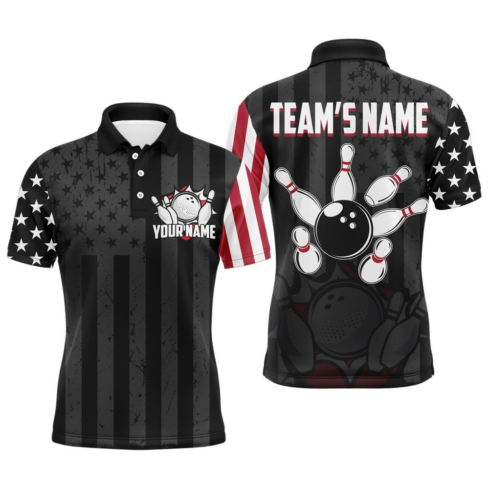 Custom American Bowling Shirt For Men Black Bowling Polo Shirt Team League Bowling Polo Shirt, Personalized Bowling Team Shirt