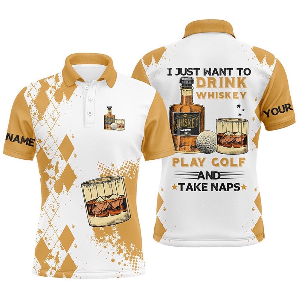 I Just Want To Drink Whiskey Golf Men's Polo Shirts Customized Yellow Argyle Golf Shirts For Men, Golf Polo Shirt, Golf Shirts