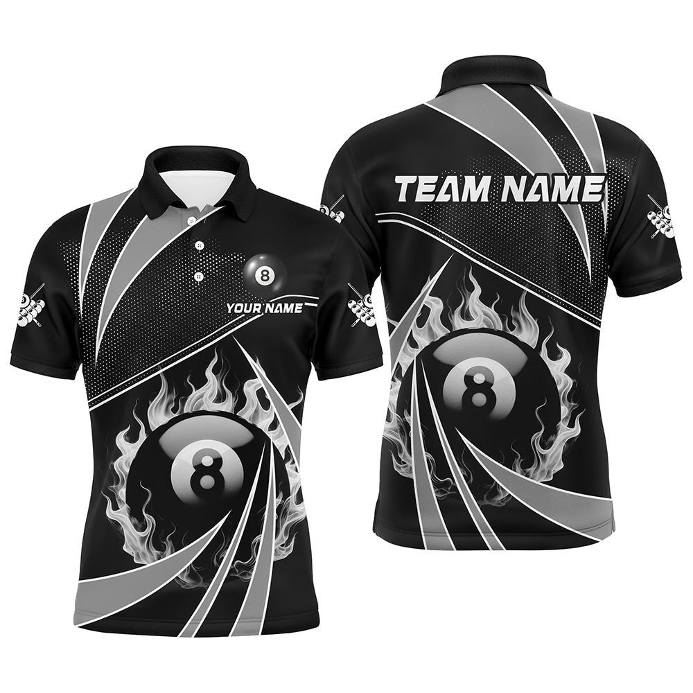 Grey And Black 8 Ball Pool Fire Custom Billiard Shirt, Billiard Apparel Polo, Personalized Billiard Polo Shirt