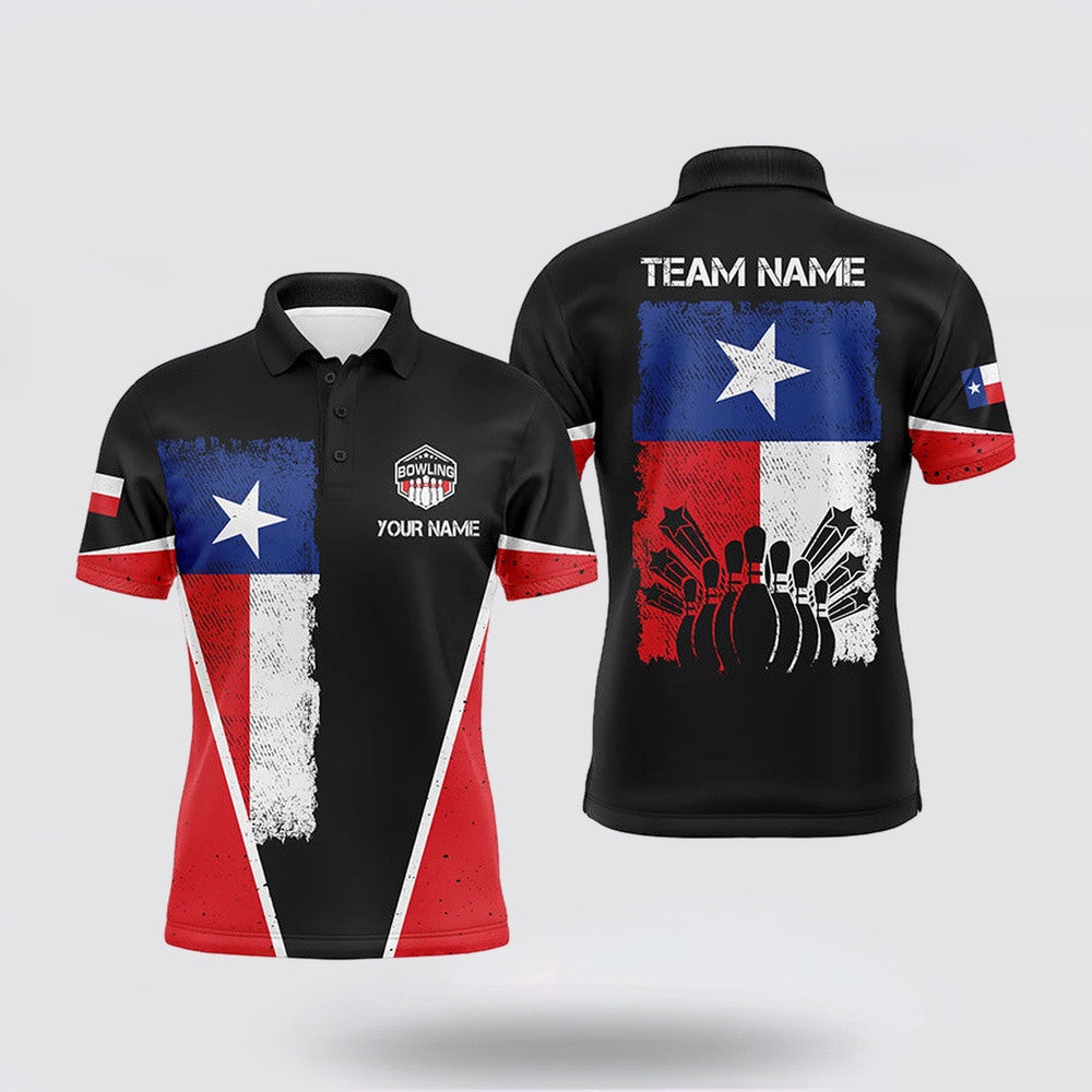 Bowling Polo Shirt, Mens Polo Bowling Shirts Custom Name Texas Flag Vintage Black Bowling Team Bowlers Jerseys